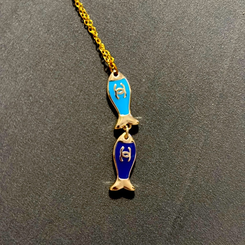 Blue and silver tone Fish Pendant Necklace